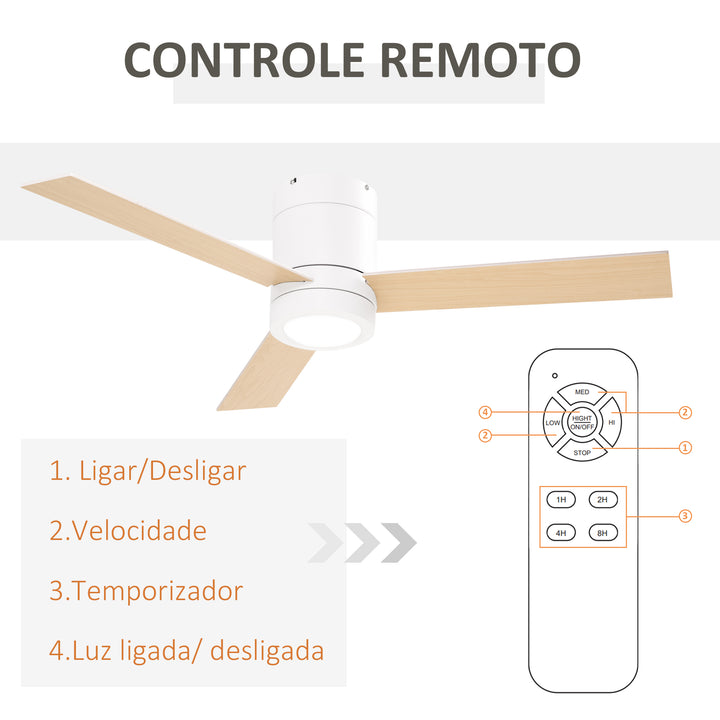 Ventoinha de Teto 48W com Luz LED Controle Remoto 3 Velocidades Temporizador 3 Lâminas de Madeira para Dormitório Sala de Estar Sala de Jantar Ø112x25cm Branco
