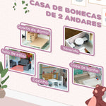 Casa de Bonecas com Móveis e Acessórios Casa de Bonecas de Madeira com Varanda e 2 Andares Brinquedo para Meninas e Meninos acima de 3 Anos 60x26,6x60 cm Multicor