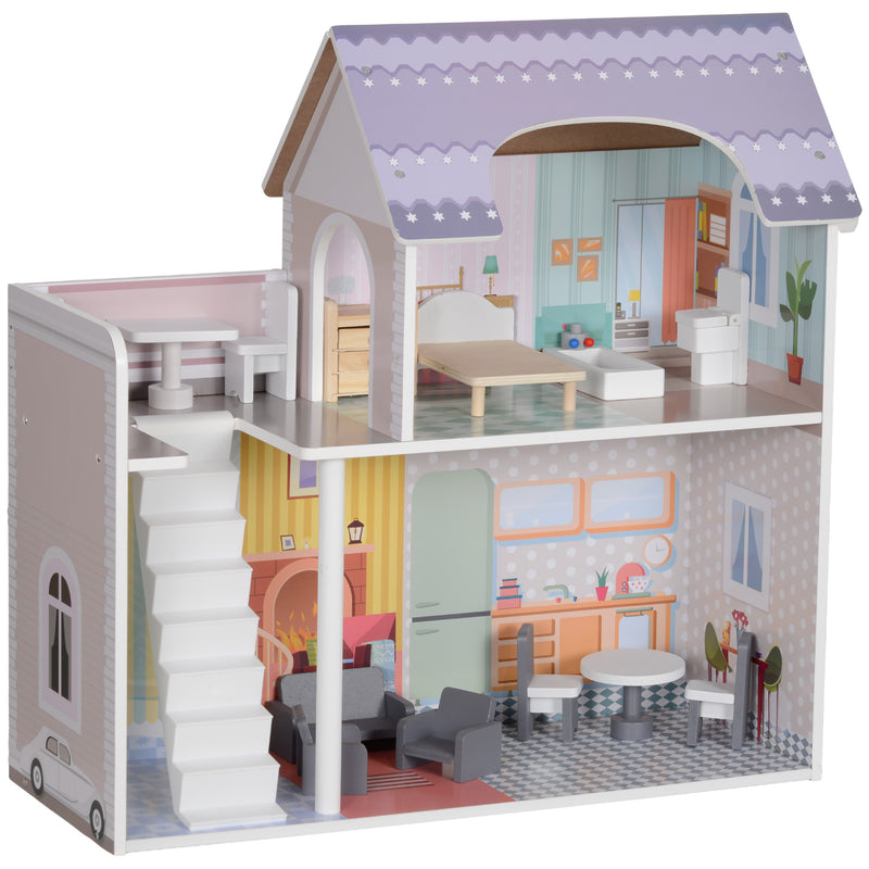 Casa de Bonecas com Móveis e Acessórios Casa de Bonecas de Madeira com Varanda e 2 Andares Brinquedo para Meninas e Meninos acima de 3 Anos 60x26,6x60 cm Multicor