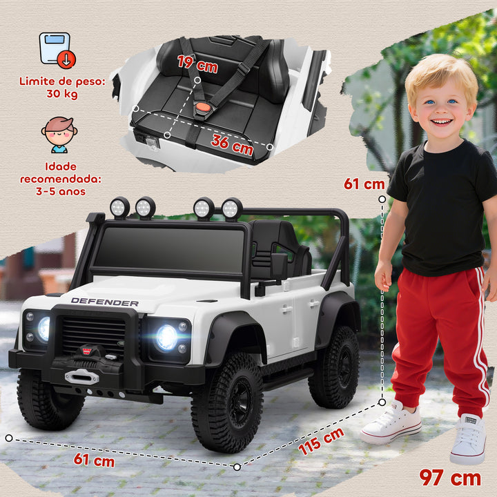 Carro Elétrico para Crianças com Licença Land Rover 12V Carro a Bateria Infantil com Controlo Remoto Sistema de Suspensão USB MP3 Velocidade Ajustável Faróis 115x61x61 cm Branco