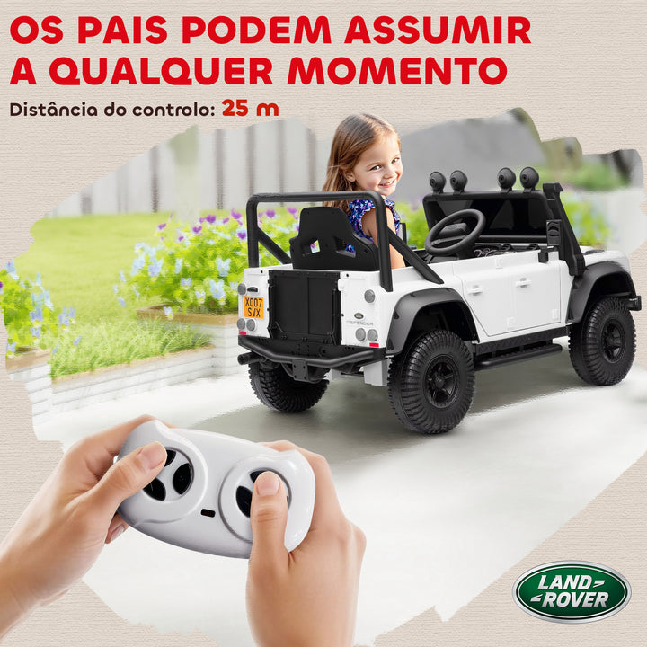 Carro Elétrico para Crianças com Licença Land Rover 12V Carro a Bateria Infantil com Controlo Remoto Sistema de Suspensão USB MP3 Velocidade Ajustável Faróis 115x61x61 cm Branco