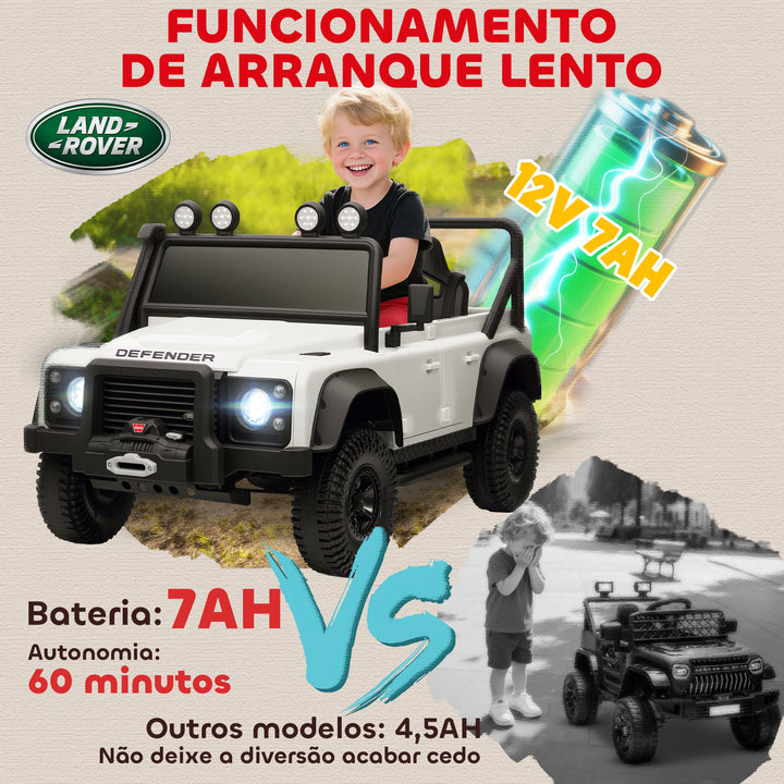 Carro Elétrico para Crianças com Licença Land Rover 12V Carro a Bateria Infantil com Controlo Remoto Sistema de Suspensão USB MP3 Velocidade Ajustável Faróis 115x61x61 cm Branco
