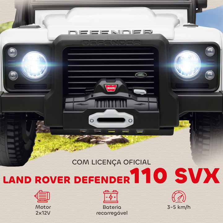 Carro Elétrico para Crianças com Licença Land Rover 12V Carro a Bateria Infantil com Controlo Remoto Sistema de Suspensão USB MP3 Velocidade Ajustável Faróis 115x61x61 cm Branco