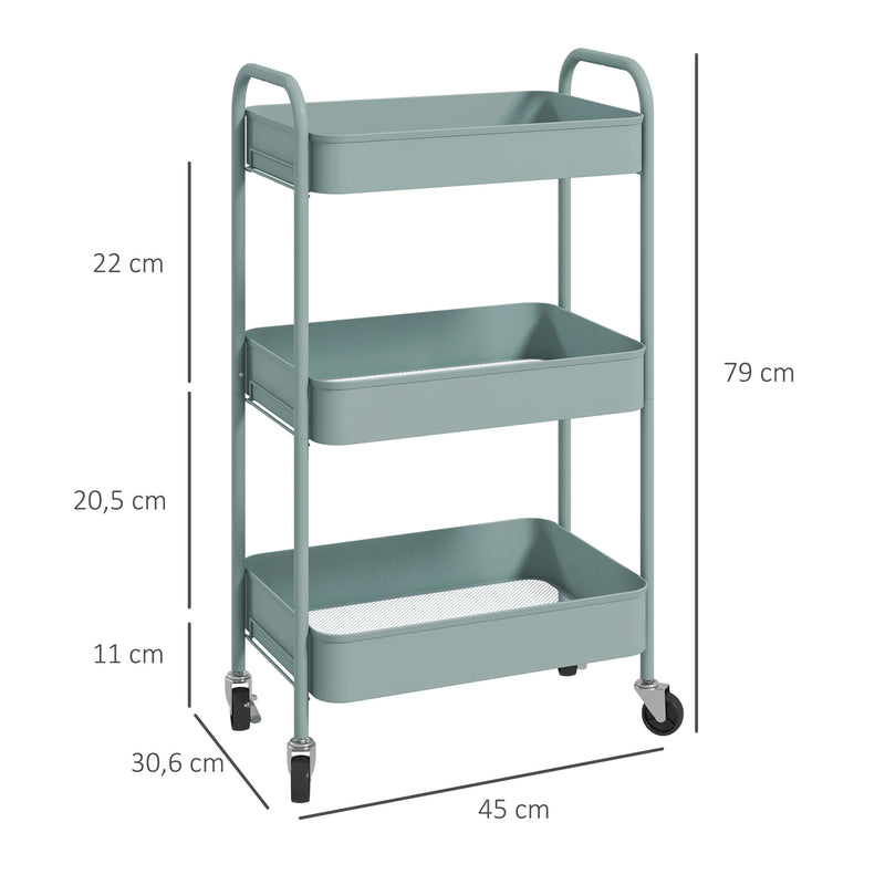 Carrinho Auxiliar de 3 Níveis com Rodas Carrinho de Armazenamento Deslizante com 3 Prateleiras 4 Rodas e 2 Travões para Cozinha Sala 45x30.6x79 cm Azul Claro