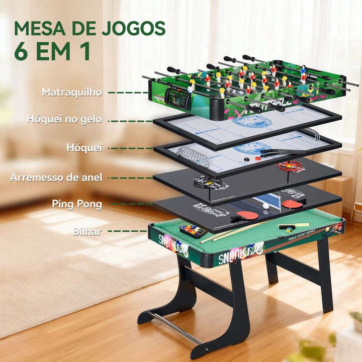 Mesa Multi Jogos para Crianças acima de 7 Anos Mesa de Jogos 6 em 1 Dobrável Bilhar Matraquilho Ping Pong Lançamento de Anéis Hóquei no Gelo e Air Hóquei 118x104x71cm Multicor