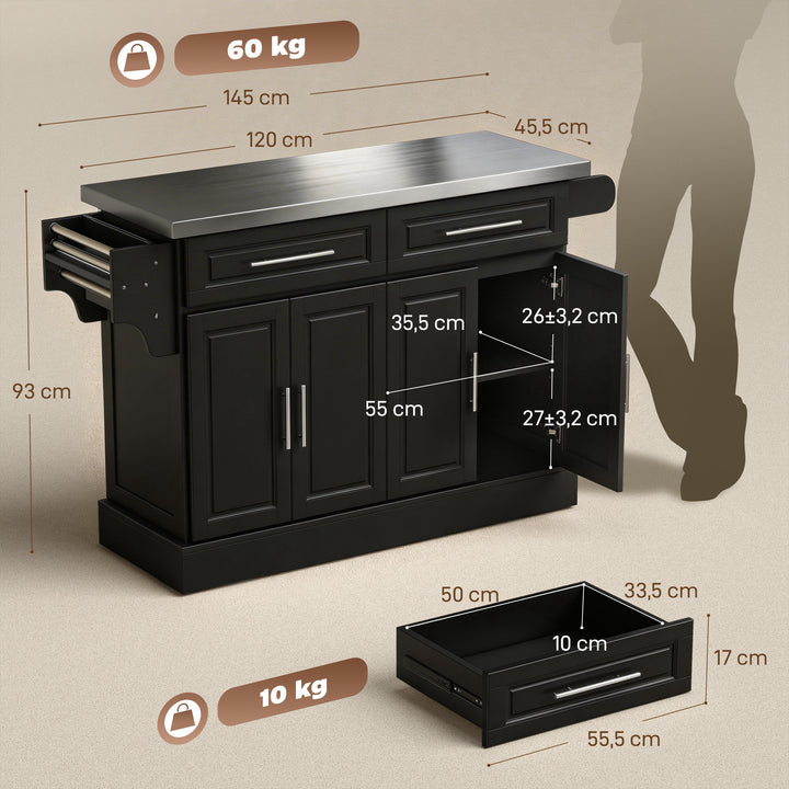 Ilha de Cozinha com Rodas Carrinho de Cozinha com Bancada de Aço Inoxidável 2 Gavetas 4 Portas 2 Prateleiras Ajustáveis Suporte para Especiarias e Toalheiro 145x45x93 cm Preto