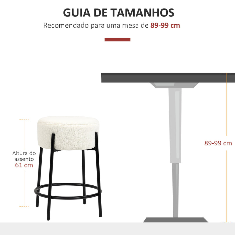 Conjunto de 2 Bancos Altos de Cozinha em Borrego Bancos Altos sem Encosto Carga 120 kg para Bar Sala de Jantar Ø43x62 cm Branco