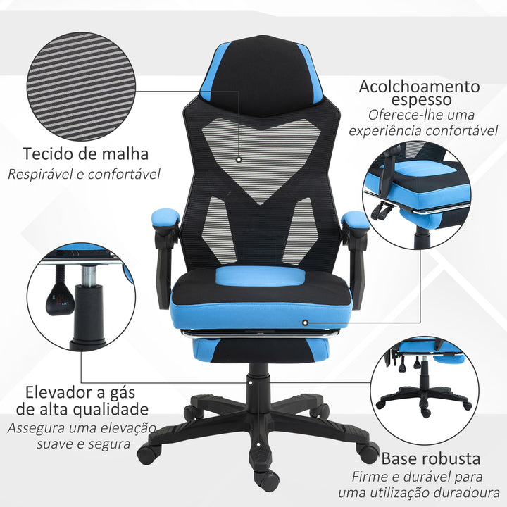 Cadeira de Escritório Ajustável em Altura Cadeira para Secretária Giratória de 360° Reclinável até 135° com Apoio para os Braços e Apoio para os Pés Retrátil 58x72x108-118 cm Azul
