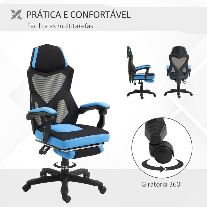 Cadeira de Escritório Ajustável em Altura Cadeira para Secretária Giratória de 360° Reclinável até 135° com Apoio para os Braços e Apoio para os Pés Retrátil 58x72x108-118 cm Azul