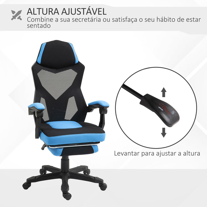 Cadeira de Escritório Ajustável em Altura Cadeira para Secretária Giratória de 360° Reclinável até 135° com Apoio para os Braços e Apoio para os Pés Retrátil 58x72x108-118 cm Azul