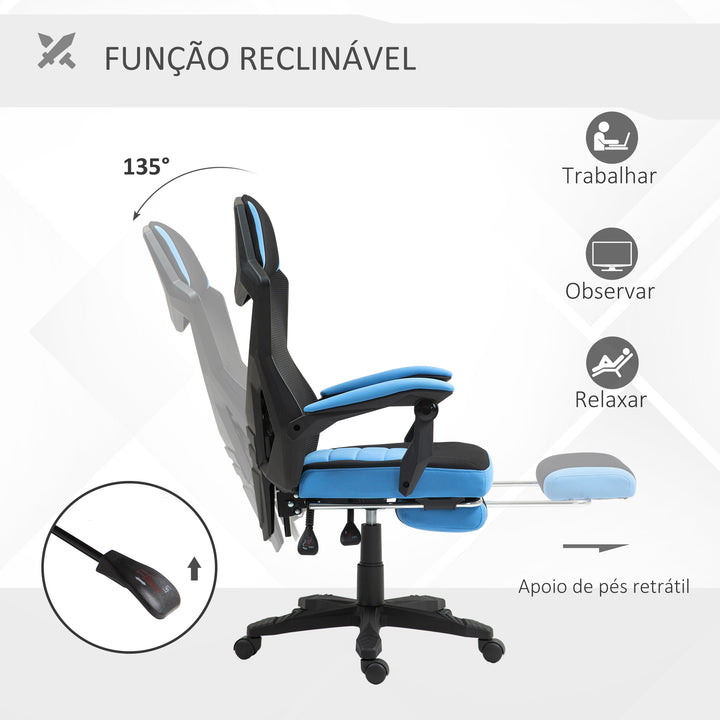 Cadeira de Escritório Ajustável em Altura Cadeira para Secretária Giratória de 360° Reclinável até 135° com Apoio para os Braços e Apoio para os Pés Retrátil 58x72x108-118 cm Azul