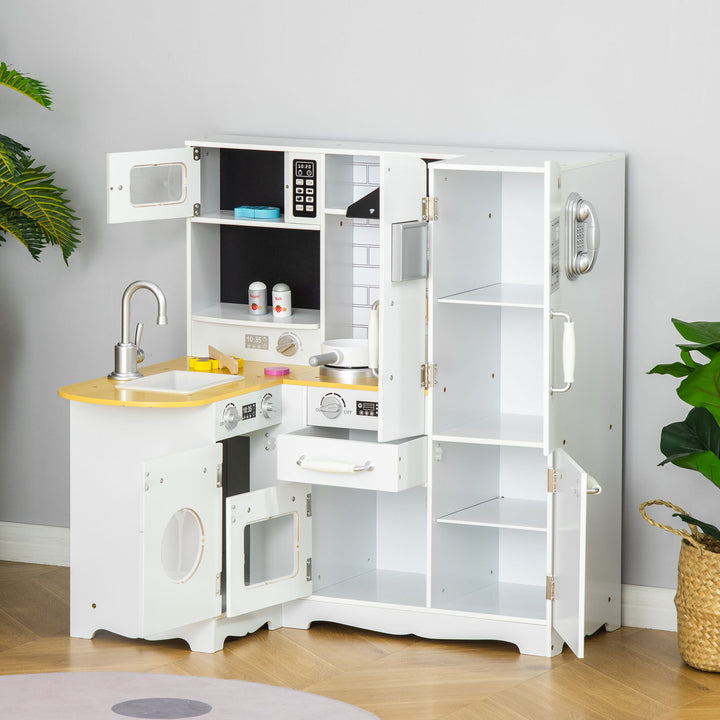 Cozinha Infantil de Madeira para Crianças acima de 3 Anos com Sons 14 Acessórios Cozinha Infantil com Telefone Lavatório Microondas e Grifo 82x65x87cm Branco