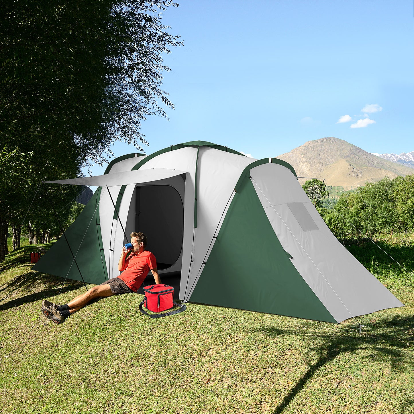 Tenda de Campismo Familiar para 4-6 Pessoas com 2 Dormitórios Tenda de Campismo Grande Impermeável 3000 mm com Bolsa de Transporte 555x225x190 cm Cinza e Verde