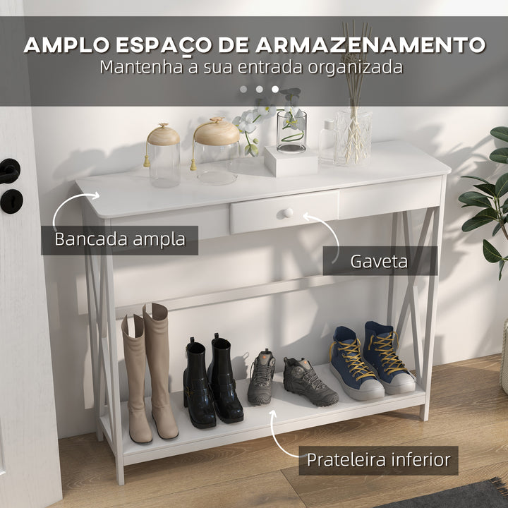 Mesa consola branca com prateleira 1 gaveta Armário com prateleira inferior 100x30x81cm Branco