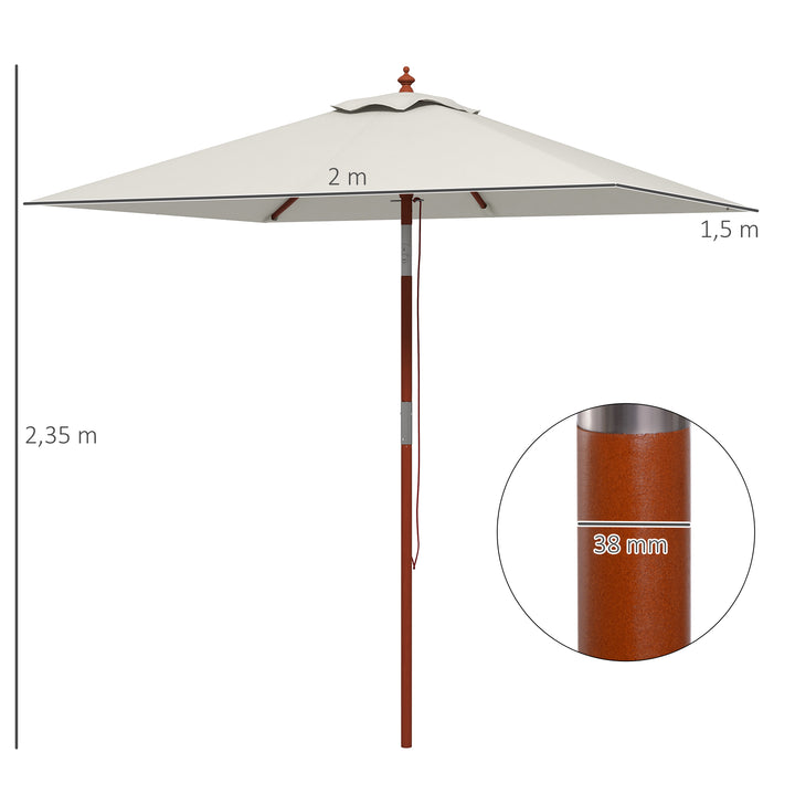 Chapéu de Sol de Jardim 200x150x235cm Chapéu de Sol Retangular Inclinável com Polia Duplo Teto e Mastro Desmontável de Madeira para Terraço Pátio Bege