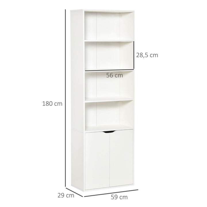Estante para Livros com 4 Compartimentos Abertos e 1 Armário com 2 Prateleiras Armazenamento Livros Plantas para Sala de Estar Escritório 59x29x180cm Branco