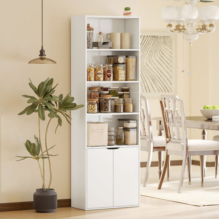 Estante para Livros com 4 Compartimentos Abertos e 1 Armário com 2 Prateleiras Armazenamento Livros Plantas para Sala de Estar Escritório 59x29x180cm Branco