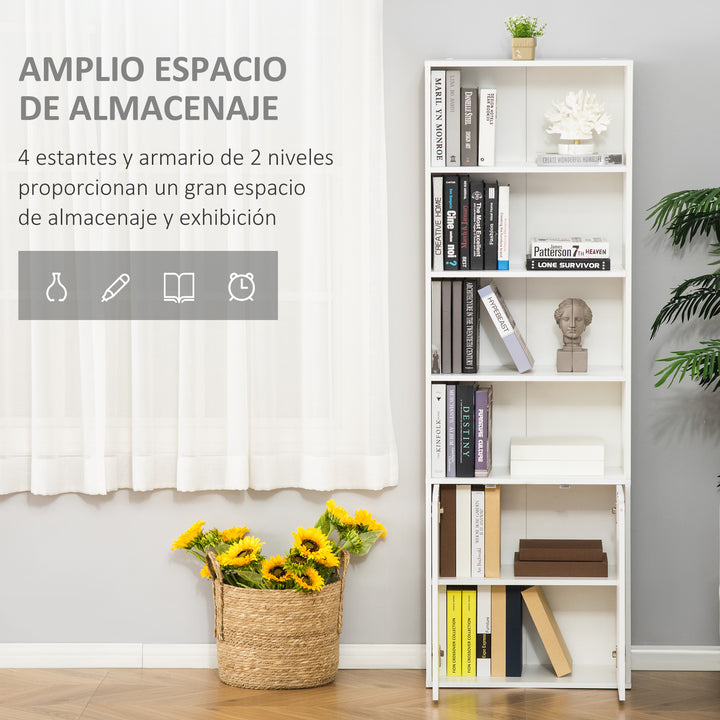 Estante para Livros com 4 Compartimentos Abertos e 1 Armário com 2 Prateleiras Armazenamento Livros Plantas para Sala de Estar Escritório 59x29x180cm Branco