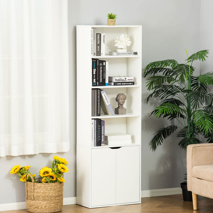 Estante para Livros com 4 Compartimentos Abertos e 1 Armário com 2 Prateleiras Armazenamento Livros Plantas para Sala de Estar Escritório 59x29x180cm Branco