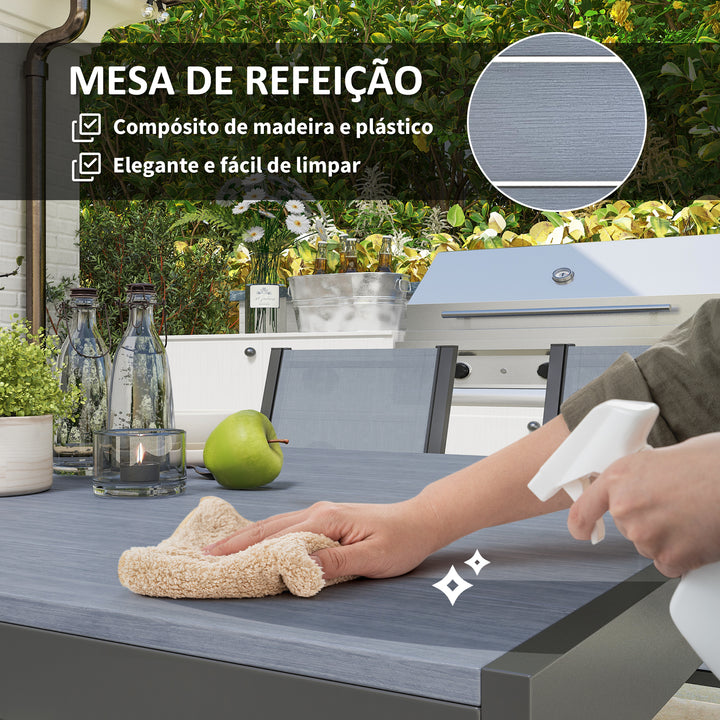 Conjunto de Mesa e Cadeiras de Jardim de 7 Peças Móveis de Exterior com 6 Cadeiras Empilháveis e Estrutura de Aço para Terraço e Pátio Cinzento Claro