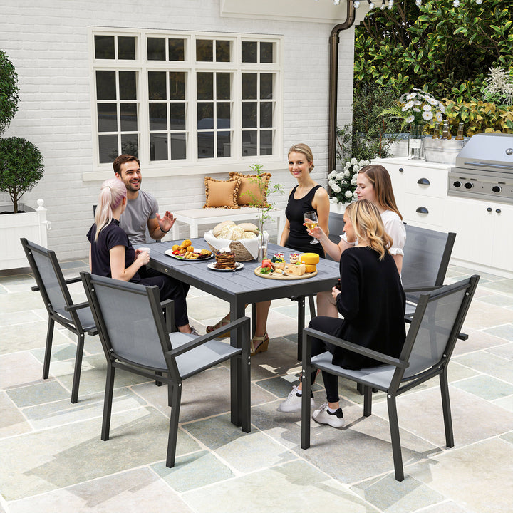 Conjunto de Mesa e Cadeiras de Jardim de 7 Peças Móveis de Exterior com 6 Cadeiras Empilháveis e Estrutura de Aço para Terraço e Pátio Cinzento Claro