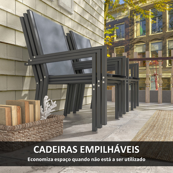 Conjunto de Mesa e Cadeiras de Jardim de 7 Peças Móveis de Exterior com 6 Cadeiras Empilháveis e Estrutura de Aço para Terraço e Pátio Cinzento Claro