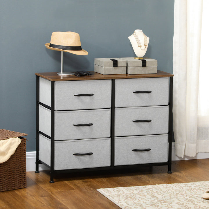 Cómoda Estilo Industrial Cómoda com 6 Gavetas de Tecido Dobrável para Dormitório Estrutura de Aço e Pés com Almofadas Ajustáveis 80x30x62,5 cm Cinza e Marrom