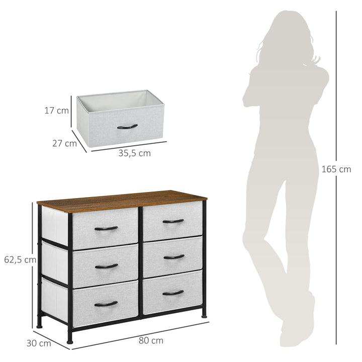 Cómoda Estilo Industrial Cómoda com 6 Gavetas de Tecido Dobrável para Dormitório Estrutura de Aço e Pés com Almofadas Ajustáveis 80x30x62,5 cm Cinza e Marrom
