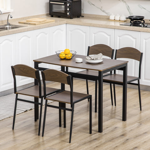 Conjunto de Mesa e Cadeiras de Refeição Mesa de Cozinha Retangular com 4 Cadeiras Estilo Moderno Estrutura Metálica para Espaços Pequenos Castanho Escuro e Preto