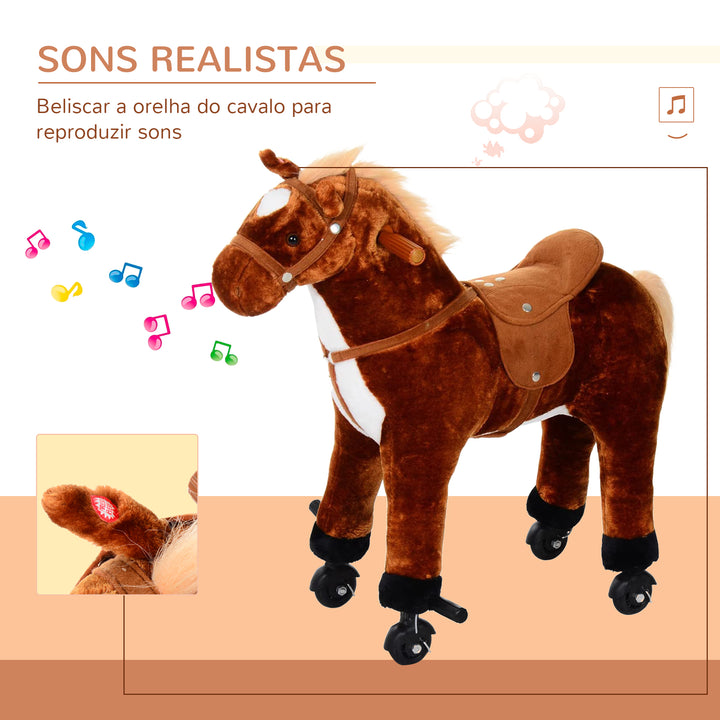 Cavalo de Brinquedo para Crianças de +3 Anos Cavalo de Brinquedo com Rodas Sons e Estrutura de Metal Carga 60kg 65x28x75 cm Castanho