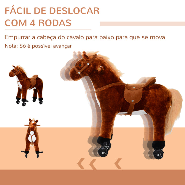 Cavalo de Brinquedo para Crianças de +3 Anos Cavalo de Brinquedo com Rodas Sons e Estrutura de Metal Carga 60kg 65x28x75 cm Castanho