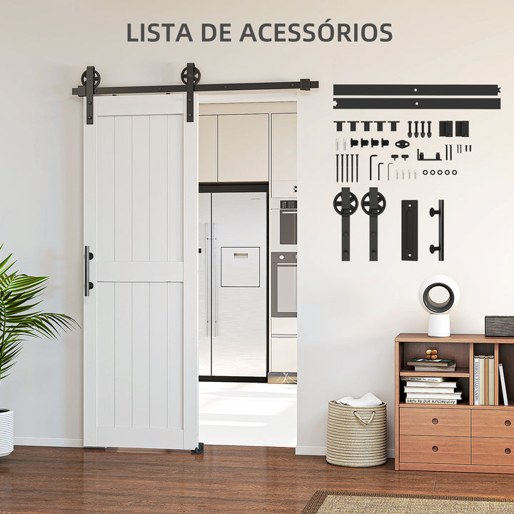 Porta de Correr Celeiro com Ferragens Porta Corredera de Interior com Puxador Rolo e Guia de Chão para Casa de Banho Sala de Estar 71,5x213,4 cm Branco