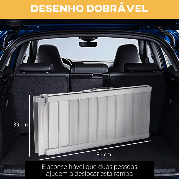 Rampa Dobrável para Cadeiras de Rodas 91 cm Carga 270 kg Antiderrapante com Bordas de Segurança e Alça para Escadas e Portas Acessibilidade para Deficientes Prata
