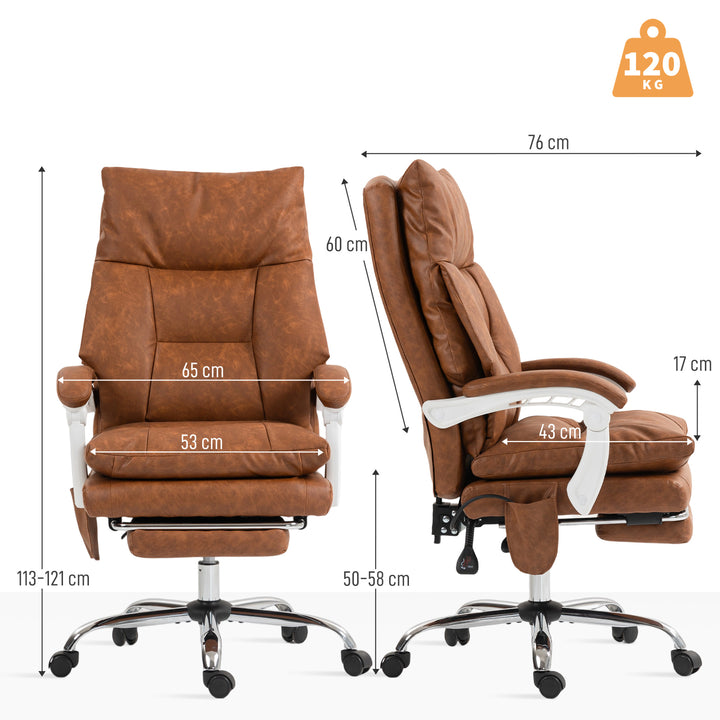 Cadeira de Escritório com Suporte Lombar Inflável Estofada em PU Cadeira de Secretária Giratória com Apoio para Pés Encosto Reclinável Encosto Alto Altura Ajustável 65x76x113-121 cm Marrom