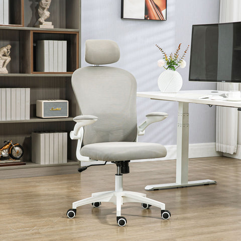 Cadeira de Escritório Basculante Cadeira de Escritório Giratória com Encosto Alto Apoio para a Cabeça Ajustável Suporte Lombar Apoio para os Braços Dobrável e Altura Ajustável Carga 120 kg 62x64x112-120 cm Cinza