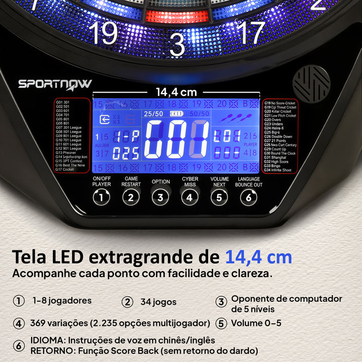 Alvo Eletrónico com 6 Dardos e 24 Pontas Macias, Ecrã LED para 8 Jogadores Alvo de Dardos de Parede com 34 Jogos e 2235 Programas para Crianças e Adultos Festas e Família