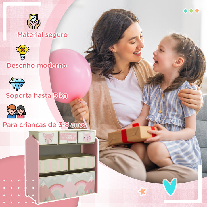 Estante para Brinquedos com 6 Caixas de Tecido não Tecido Amovíveis Organizador de Brinquedos para Crianças de 3-8 Anos para Dormitório 63x30x66 cm Rosa