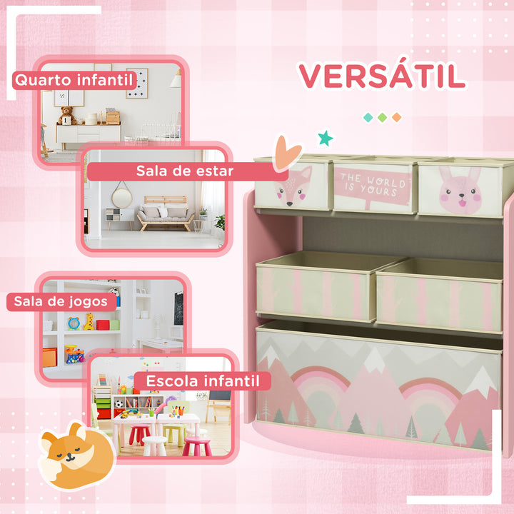 Estante para Brinquedos com 6 Caixas de Tecido não Tecido Amovíveis Organizador de Brinquedos para Crianças de 3-8 Anos para Dormitório 63x30x66 cm Rosa