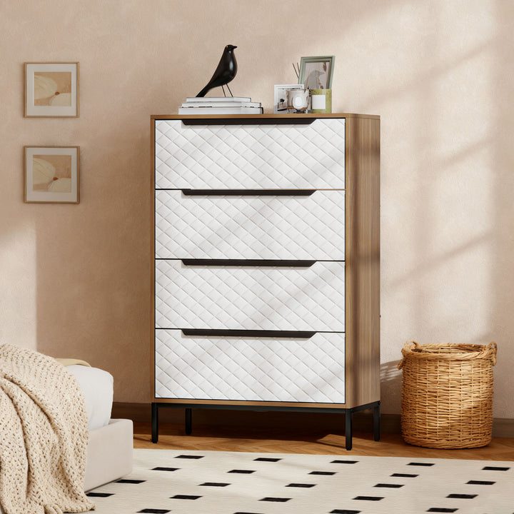 Cómoda com 4 Gavetas de Tecido Cómoda para Quarto Frentes com Padrão de Diamante Móvel de Arrumação para Sala de Estar Escritório Closet 59,5,5x30x92,5 cm Madeira e Branco