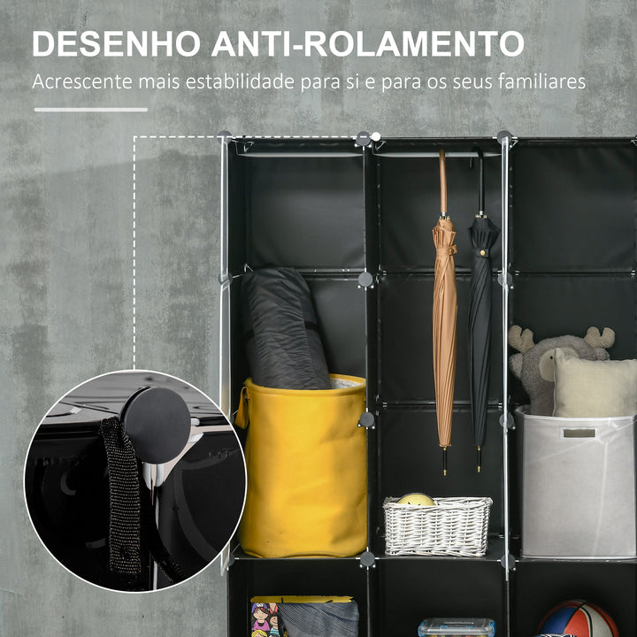 Armário Modular de Plástico Armário Portátil com 16 Cubos e 2 Barras Organizador de Sapatos Roupas Brinquedos para Entrada Corredor Dormitório 145x46x162cm Preto e Branco