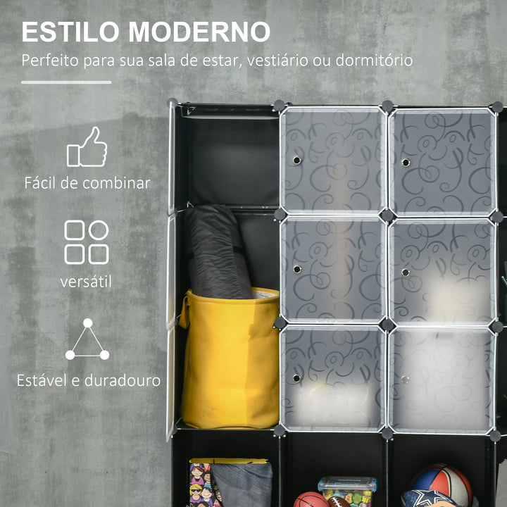 Armário Modular de Plástico Armário Portátil com 16 Cubos e 2 Barras Organizador de Sapatos Roupas Brinquedos para Entrada Corredor Dormitório 145x46x162cm Preto e Branco
