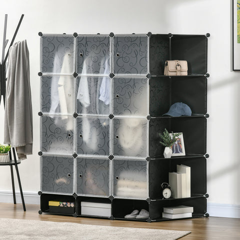 Armário Modular de Plástico Armário Portátil com 16 Cubos e 2 Barras Organizador de Sapatos Roupas Brinquedos para Entrada Corredor Dormitório 145x46x162cm Preto e Branco