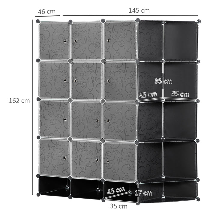 Armário Modular de Plástico Armário Portátil com 16 Cubos e 2 Barras Organizador de Sapatos Roupas Brinquedos para Entrada Corredor Dormitório 145x46x162cm Preto e Branco