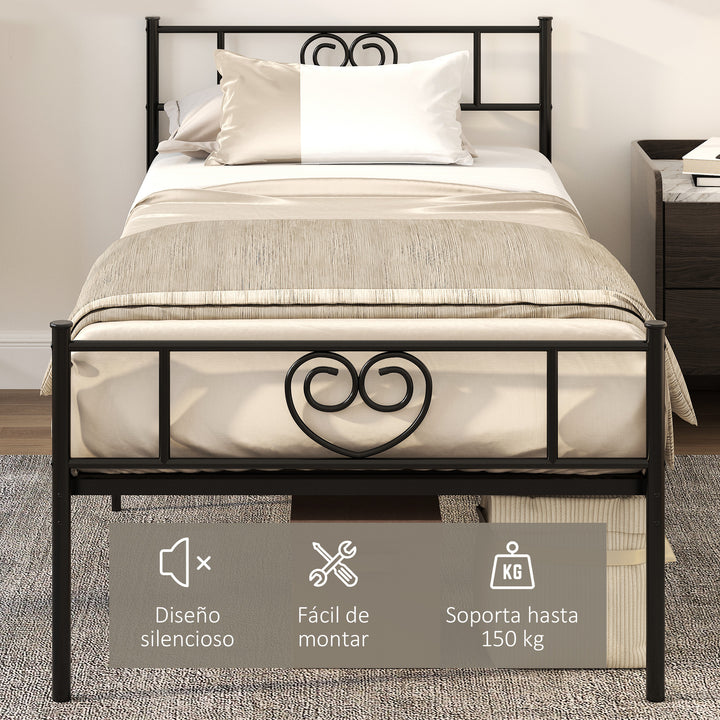 Estrutura de Cama Individual de Metal 31cm para Colchão 90x190cm com Cabeceira com Forma de Coração Estrutura de Cama com Espaço em Baixo de Armazenamento 95x196x100cm Preto