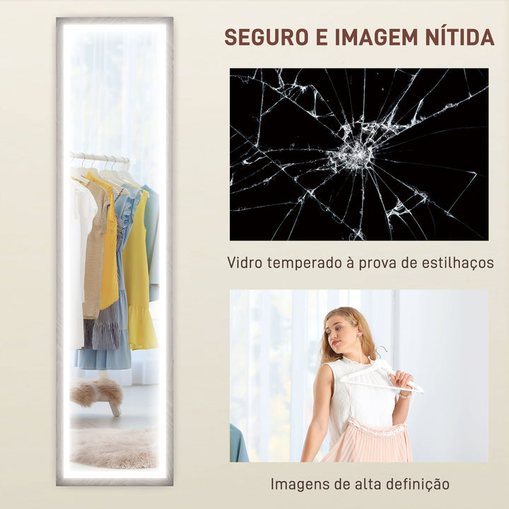 Espelho de Pé com Luz LED 40x160 cm Espelho de Corpo Inteiro com Iluminação de 3 Cores Tátil Função de Memória e Suporte para Sala de Estar Dormitório Cinza