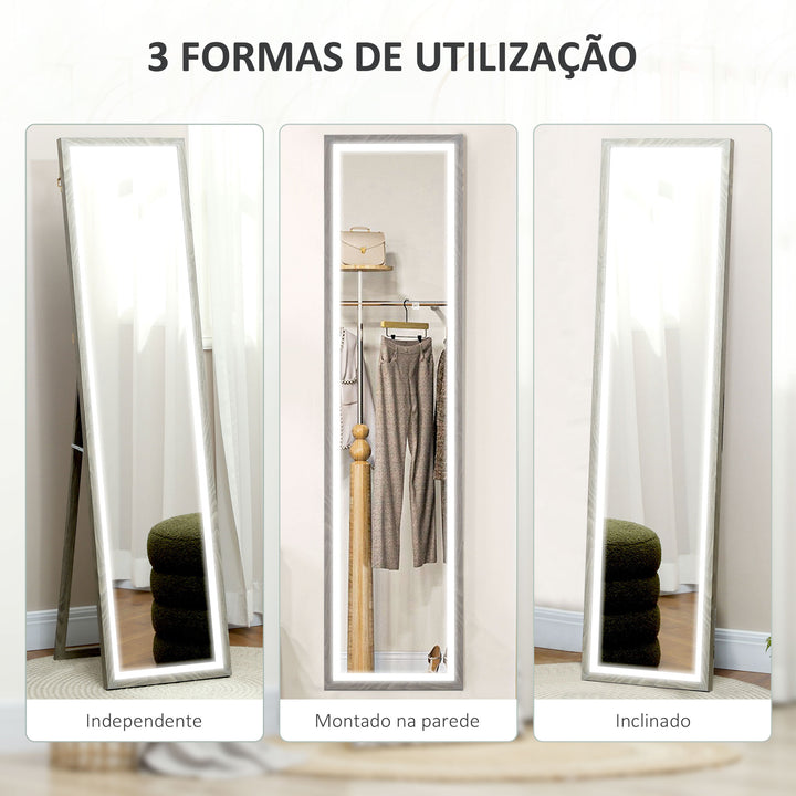 Espelho de Pé com Luz LED 40x160 cm Espelho de Corpo Inteiro com Iluminação de 3 Cores Tátil Função de Memória e Suporte para Sala de Estar Dormitório Cinza