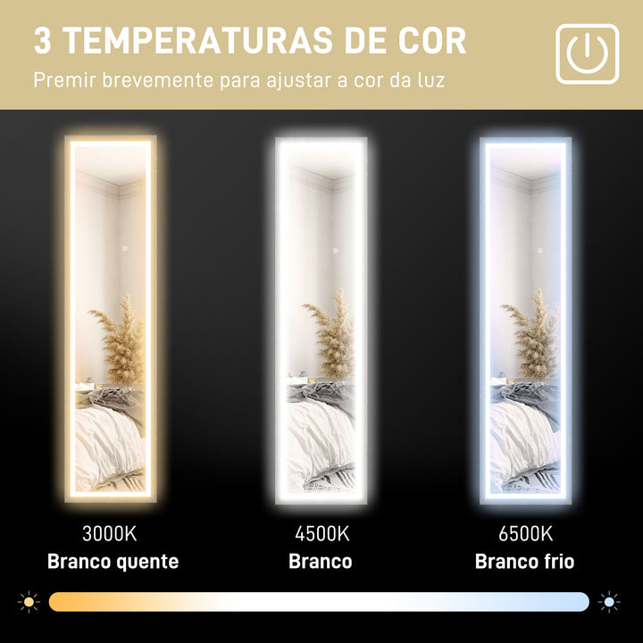 Espelho de Pé com Luz LED 40x160 cm Espelho de Corpo Inteiro com Iluminação de 3 Cores Tátil Função de Memória e Suporte para Sala de Estar Dormitório Cinza