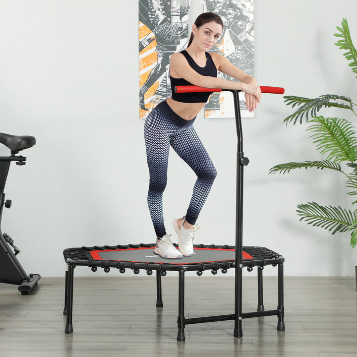 Trampolim Fitness 114x114x132 cm Trampolim Fitness com Guiador Ajustável em 3 Níveis Estrutura de Aço para Treino de Perna Corpo em Casa Escritório Ginásio Vermelho