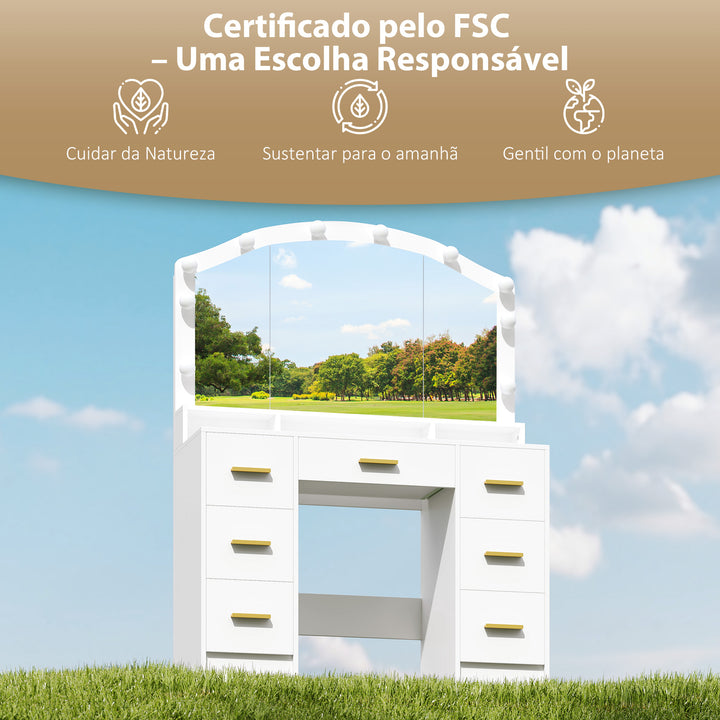Toucador com 10 Luzes LED de 3 Cores Toucador de Maquilhagem com Espelho Mesa de Maquilhagem com 7 Gavetas 3 Compartimentos Moderno para Quarto Sala Branco