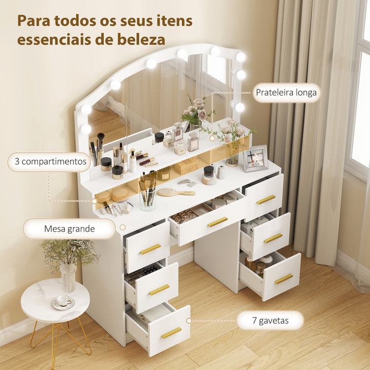 Toucador com 10 Luzes LED de 3 Cores Toucador de Maquilhagem com Espelho Mesa de Maquilhagem com 7 Gavetas 3 Compartimentos Moderno para Quarto Sala Branco